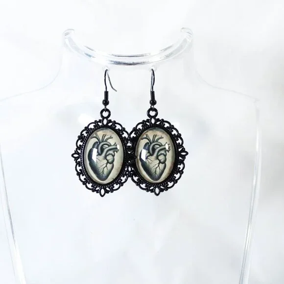 Victorian Anatomical Heart Cameo Earrings Tan Background - Picture 3 of 6